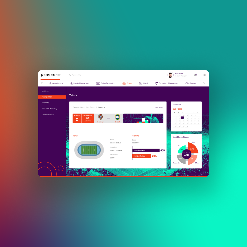 ecrã com eventos da plataforma proscore