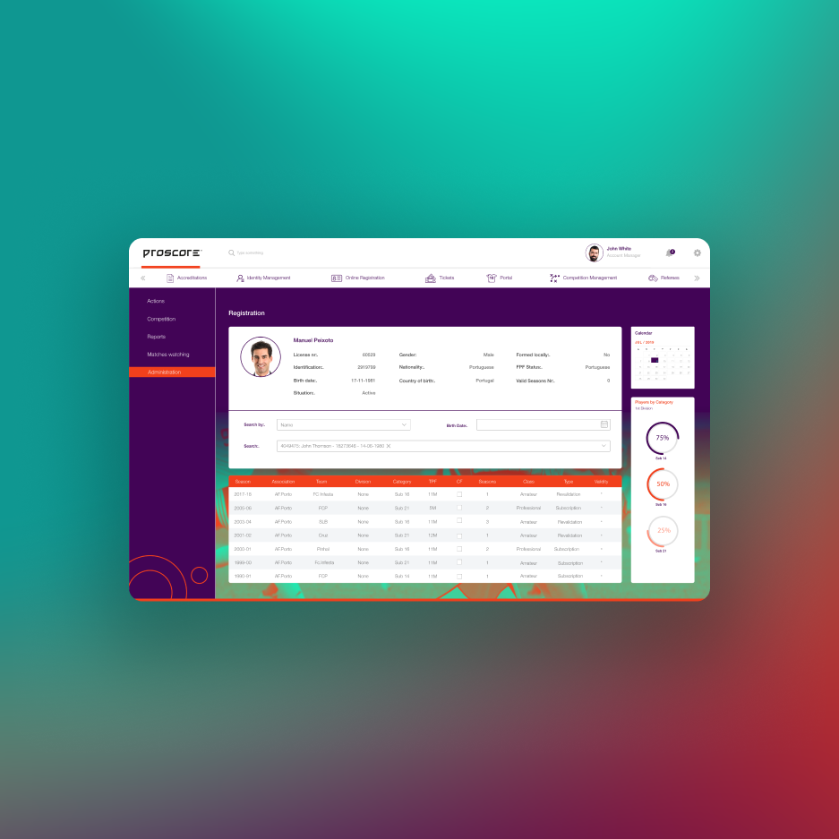 ecrã com registos da plataforma proscore